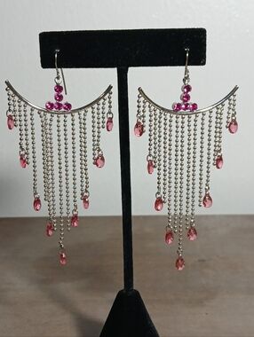 Chandelier Dangle Earrings With Pink Rhinestones And Beads